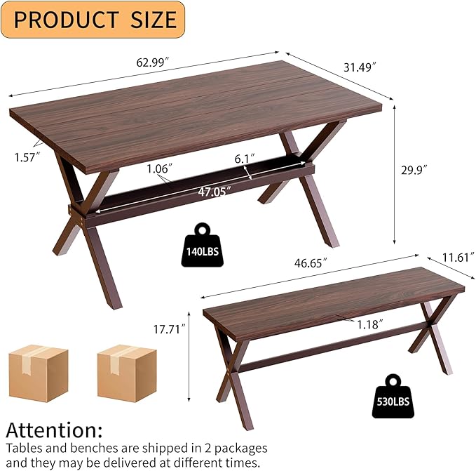 HIPIHOM 63" MDF Kitchen Table Set for 4 with Storage Shelves, Wooden Dining Table with 2 Benches, Thickened Surface and Strong Metal Frame, for Small Apartment Furniture Compact Dining Areas