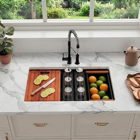 30 Inch Black Sink Undermount Double Bowl, 16 Gauge 50/50 Double Bowl Stainless Steel Workstation Sink, 30"x18"x10" Large and Deep Kitchen Sink With Accessories