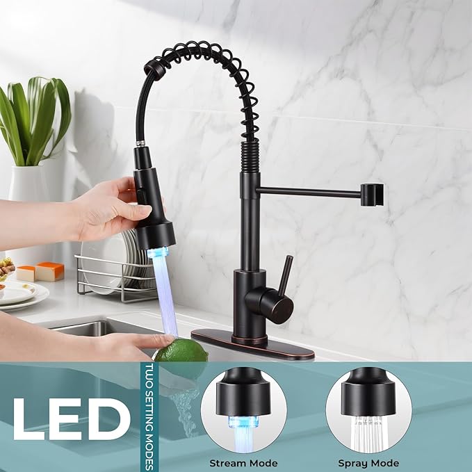 Kitchen Faucet with LED Pull Down Sprayer,Commercial Single Handle Stainless Steel Kitchen Faucets with Deck Plate (ORB)