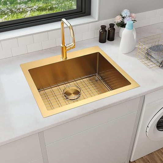 Gold Drop In Kitchen Sink 25” X 22”, 25 Inch Top Mount 16 Guage T-304S Stainless Steel Kitchen Sinks, 10 Inch Deep Single Bowl laundry Sink with Accessories