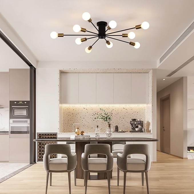 Garwarm Modern Sputnik Ceiling Light, 10-Light Mid Century Sputnik Chandelier Industrial Semi Flush Mount Ceiling Light Fixture for Living Room Kitchen Bedroom Farmhouse Dining Room(Black+Gold)