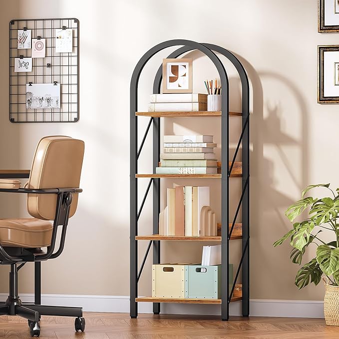 HOOBRO Bookshelf, 4-Tier Bookshelf Arched Display Racks, Industrial Bookcase with Metal Frame, Book Shelf Storage Organizer for Living Room, Office, Bedroom, Rustic Brown and Black BF424SJ01