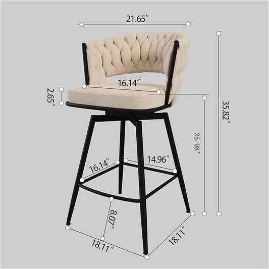 26" Linen Woven Bar Stool Set of 2,Black Legs Barstools No Adjustable Kitchen Island Chairs,360 Swivel and Counter Stool Arm Chairs with Back Footrest (White),for Living Room