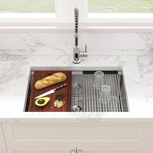 Sarlai 26 Undermount Kitchen Sink - 26" x 19" Undermount Kitchen Sinks Workstation Stainless Steel 16 Gauge Single Bowl Under Counter Kitchen Sink Basin With Round Corner Thickened Plate