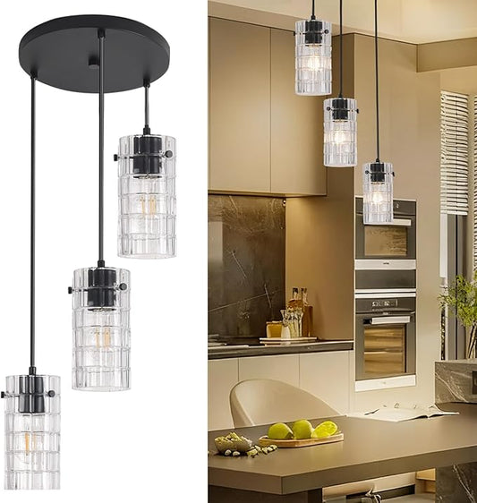 Black Glass Pendant Lights, Pendant Light Fixtures, Pendant Lights For kitchen island Living Room ,With Meatel Adjustable Hanging Rod,(3 Lights)