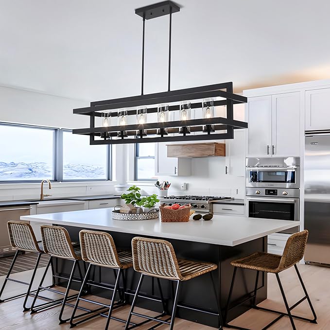 41" Black Pendant Lights Kitchen Island, Dining Room Light Fixtures 6-Light Rectangle Glass Shade Kitchen Island Lighting, Large Chandeliers for Dining Room with Adjustable Height