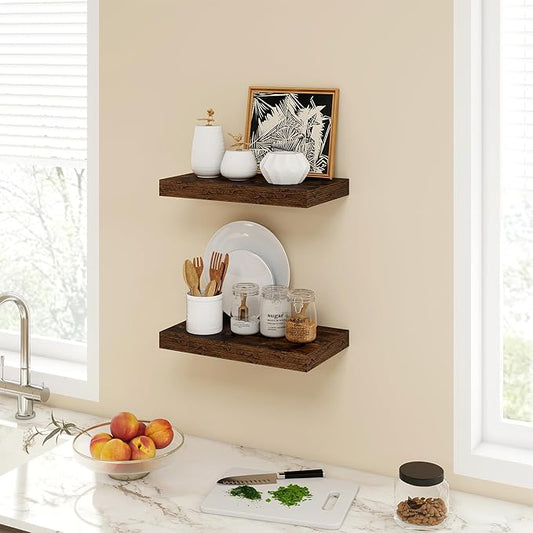 Acovy 16 Inch Floating Shelves, 9.3" Deep Floating Shelf Wall Mounted, 16" Wall Shelves, Rustic Deep Bookshelf, Large Display Shelves & Storage Shelves for Bedroom, Living Room, Brown, Set of 2