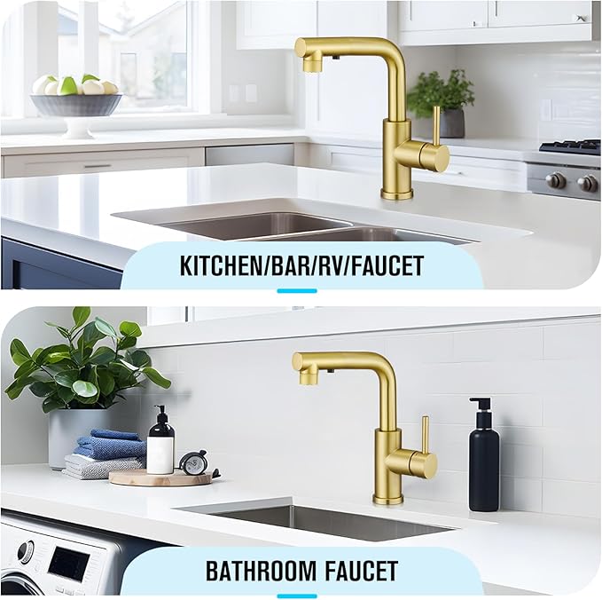 CREA Gold Kitchen Faucet with Pull Down Sprayer - Bathroom & Utility Sink Faucet - Single Handle, 3 or 1 Hole