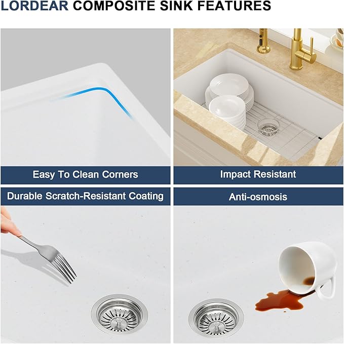 Lordear 32 Inch White Granite Composite Kitchen Sink 32x19 Inch Workstation Quartz Undermount Kitchen Sinks Under Counter Single Bowl