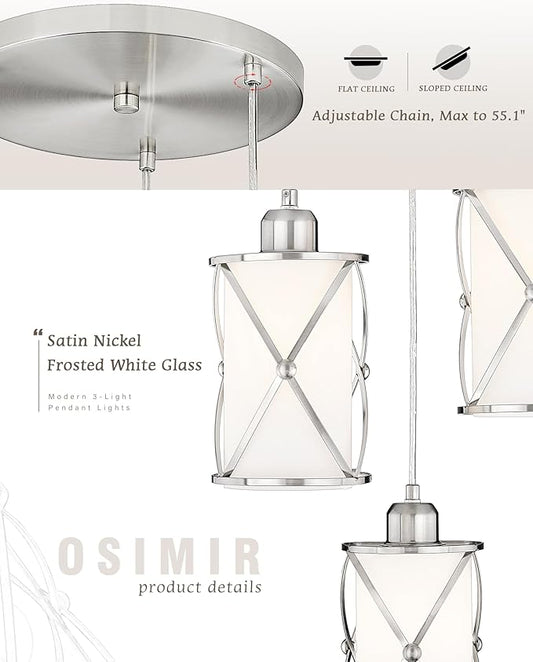 Brushed Nickel Dining Room Chandelier Light Fixture, 3-Light Pendant Lighting with Frosted Glass, Modern Kitchen Island Cluster Hanging Pendant Lights for Sink, CH9176BNW3