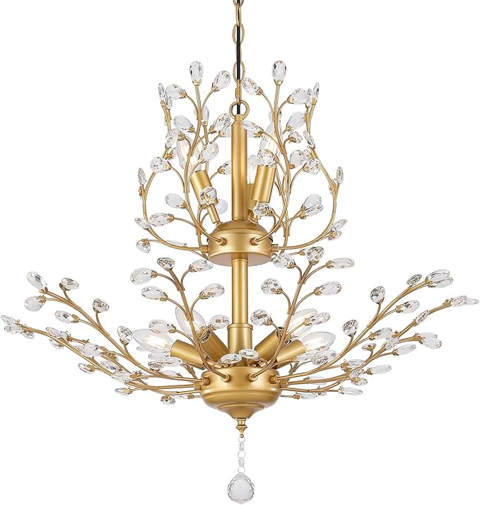 Gold Crystal Chandelier, Farmhouse 8-Light Large Branch Pendant Light with Adjustable Chain, 2-Tier Vintage Flower Ceiling Hanging Chandelier for Dining Room, Living Room, Kitchen, Hallway