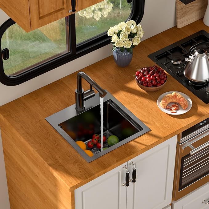 15 Inch Outdoor Kitchen Sink with Faucet- Beslend Gunmetal Black 15x15 Drop In Outdoor Bar Sink, 16 Gauge Stainless Steel Kitchen Sinks Workstation Single Bowl Above Counter Indoor Outdoor