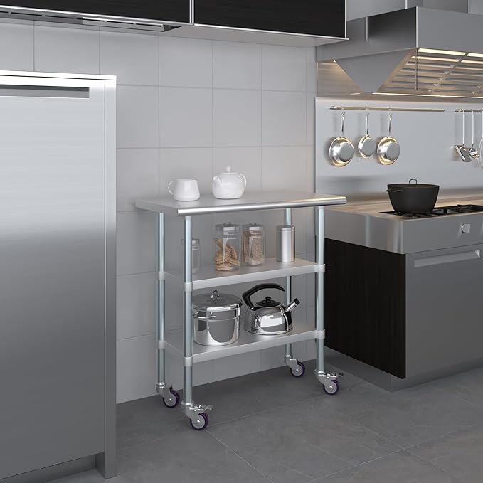 Stainless Steel Work Table with 2 Shelves and Casters | Kitchen Island Food Prep | Laundry Garage Utility Bench | NSF Certified (36" Long x 18" Deep)