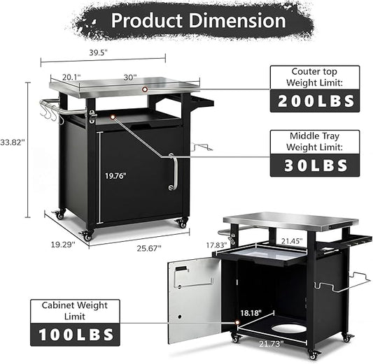 39.5" Outdoor Kitchen Island with Stainless Steel Top and Storage Cabinet, Metal Kitchen Island with Hooks and Spice Rack, Rolling Grill Cart with Wheels for BBQ Waterproof Cover Included Black
