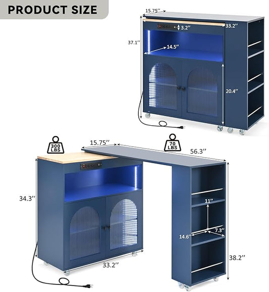 Rolling Kitchen Island with Extended Table and Power Outlets 2 Fluted Glass Doors Storage Compartment 3 Side Open Shelves Practical(Blue)