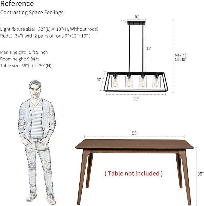 Black Farmhouse Chandeliers for Dining Room, Rustic Kitchen Island Light Fixture, 4-Lighting Linear Pendant Lamp Kitchen Island with Glass Shade ,Apply to Dining Room Light fixtures Over Table