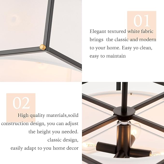 VILUXY Modern Semi Flush Mount Ceiling Light 16" Black and White Fabric Ceiling Chandelier Drum Farmhouse Round Ceiling Lamps Fixture Square Metal for Entryway Dining Room Bedroom