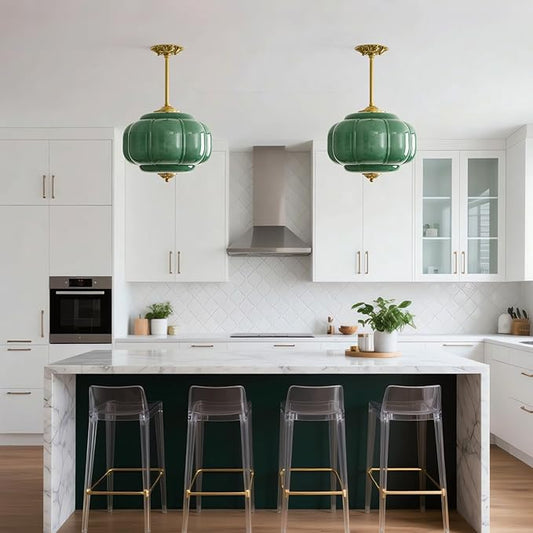 Milk Glass Pendant Light 15 Inch Semi Flush Mount Ceiling Light Fixture Adjustable Height Mid Century Brass Vintage Ceiling Light for Kitchen Hallway Dining Room Bedroom Schoolhouse(Green)