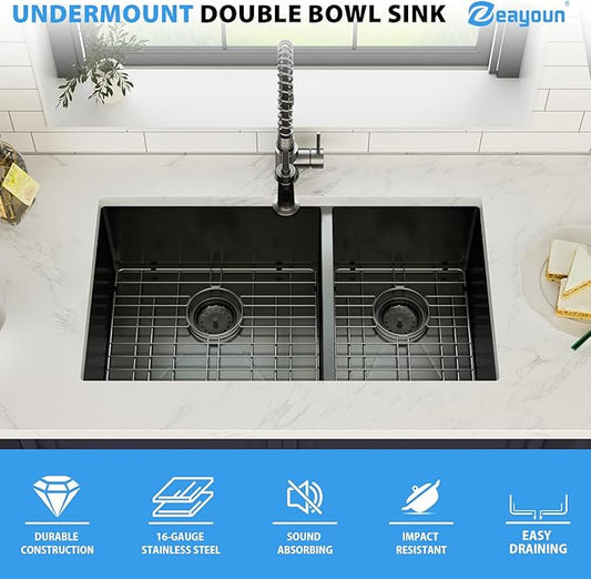 33 Inch Black Undermount Double Sink 16 Gague Stainless Steel Double Undermount Kitchen Sinks 60/40 Large Deep Double Bowl Kitchen Sinks 33"x19"x10"