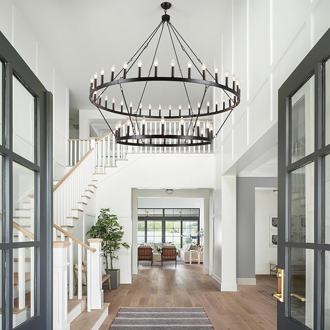ANKYLHUA 60 Inch Black Extra Large Wagon Wheel Chandelier, 2 Tier 54-Lights Farmhouse Chandeliers Industrial Round High Ceiling Pendant Light for Dining Room, Living Room, Entryway
