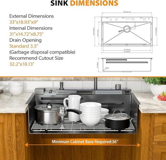 Mocoloo 33 Inch Black Honeycomb Waterfall Kitchen Sink Drop in, 33x19 Inch Stainless Steel Workstation Sink 16 Gauge Topmount Single Bowl Sink with Complete Kit