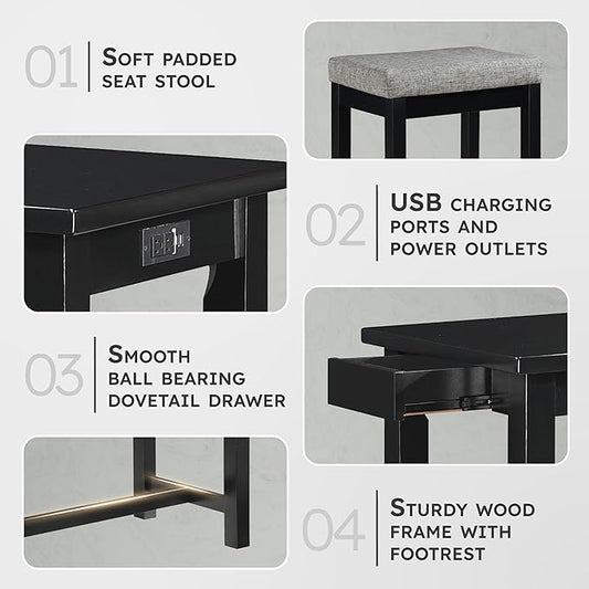 Lexicon Oreille Bar Table with Stools Set, Modern Console Table with Stools - 4-Piece Set with 2 USB Ports & A/C Power Outlets, Counter Height, Discrete Drawer, Perfect Dining Room & Kitchen Black