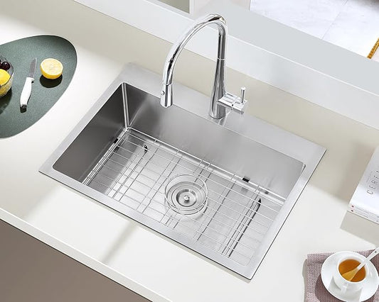 24x18 Inch Drop in Kitchen Sink, 304 Stainless Steel Single Bowl with Bottom Grid Mat & X-Shape Drain, 9" Deep Compact Sink for Small Kitchen, Apartment, RV, Wet Bar, Office, Laundry Room