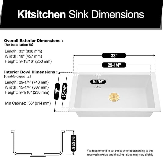 Kitsitchen White Undermount Kitchen Sink, Granite Composite Kitchen Sink with Drain Assembly & Bottom Gird,33 Inch Quartz Stone Kitchen Sink (White, 33"x18")
