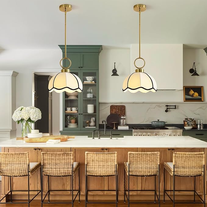 11.81” Modern Boho Pendant Light Vintage Farmhouse White Fabric Pendant Light Fixtures Adjustable Rod Hand Woven Pendant Lights for Kitchen Island, Dining Room, Bedroom, Hallway, Entryway