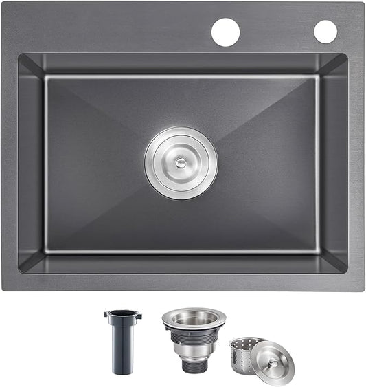 20 × 16 inch Drop-in Kitchen Sink Black, Top-mount Stainless Steel Kitchen Sink Single Bowl, Overmount Kitchen Bar Sink Single Basin