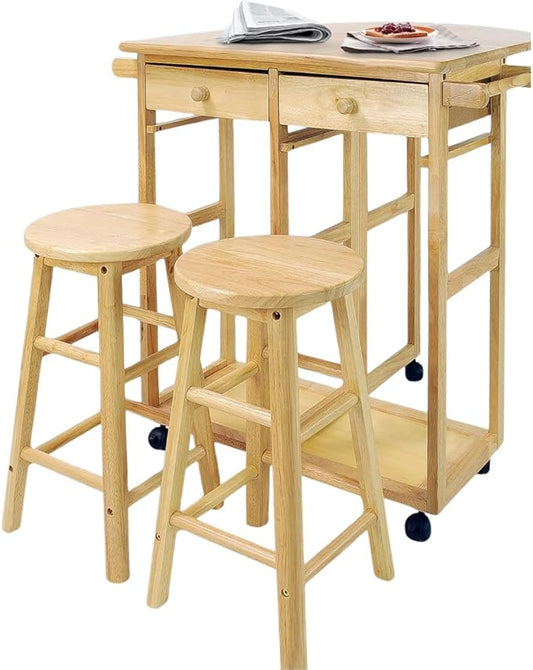Drop Leaf Breakfast Cart Natural Solid Wood Kitchen Island Table with Two Stools Storage Shelves Rolling Wheels Compact Expandable Dining Prep Station Versatile Space Saving Modern Furniture