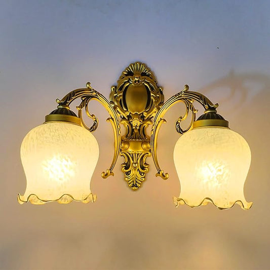 Retro Wall Sconce, 2-Light Vintage Wall Lights with Flora Glass Shade, Antiqued Vanity Wall Light Fixtures for Bedroom Living Room Bathroom Hallway Corridor Kitchen (Brass)