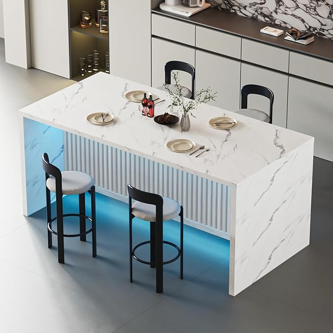 71" Faux Marble Dining Table for 4-6, Island Table with LED Lights, Modern Marble Stripes Kitchen Dining Table with Grille Design for Dining Room, Living Room, White