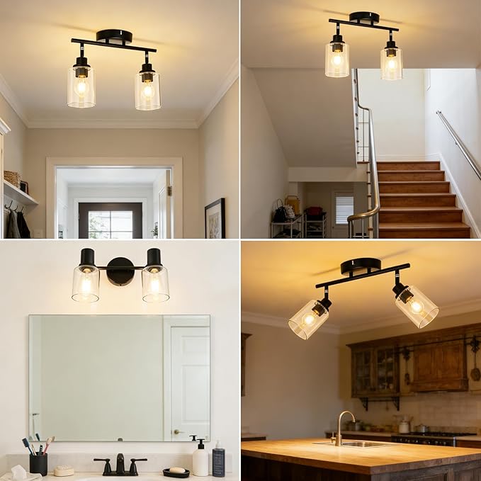 HiBay 2-Light Track Lighting Fixture Black, Ceiling or Wall Mount Rotatable Spotlights with Glass Shades, Modern Farmhouse Industrial Lights for Bedroom, Kitchen Sink, Loft, E26 Base