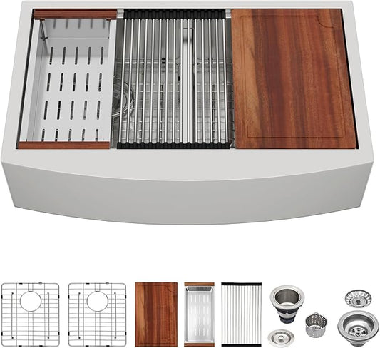 Logmey 33 Inch Farmhouse Sink Double Bowl 50/50 Sink 33x21 Inch Stainless Steel Apron Front Kitchen Sink Ledge Workstation Low Divide Double Bowl 50/50 16 Gauge Farm Kitchen Sinks