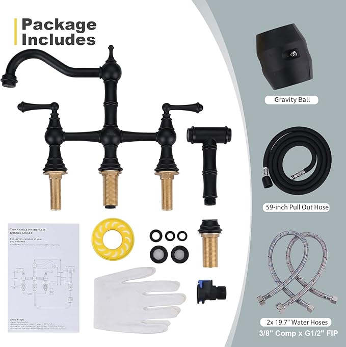 WOWOW Black Kitchen Faucet with Side Sprayer, 4 Hole Brass Kitchen Faucets for Sink, 2 Handle 8 Inch Centerset Bridge Faucet Vintage Farmhouse Copper Kitchen Sink Faucets