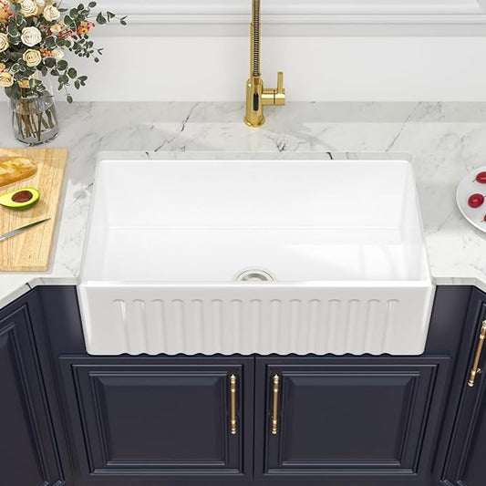 Kichae 33 White Farmhouse Kitchen Sink - 33X18 Inch Farm Kitchen Sink Farmhouse Sink Reversible Apron Front Ceramic Porcelain Farm Sinks Single Bowl