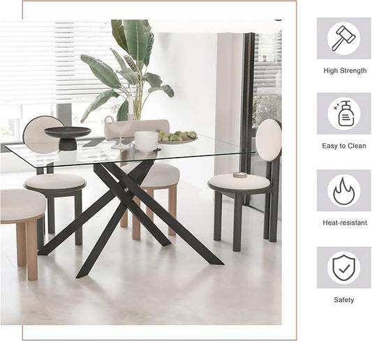 Rectangular Glass Dining Table, Tempered Glass Tabletop and Metal Legs, Modern Style Glass Kitchen Table for Home, Kitchen, Dining Room (Clear, 52'')