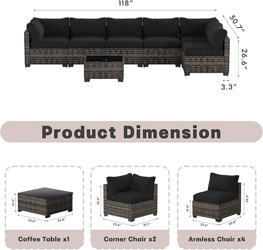 Patio Furniture Set, 7-Piece Outdoor Sectional Couch with Coffee Table & Thick Cushions, Outdoor Wicker Conversation Set for Backyard, Poolside, Garden (White-Black, 7 Piece-Single)