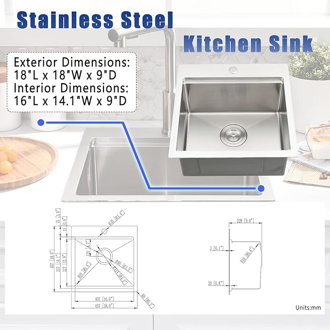 18x18 Drop In Kitchen Sink and Faucet Combo Set - 18 Inch Stainless Steel Small Bar Sink Drop In, 9 Inch Deep Small Single Bowl Kitchen Sinks Workstation with Accessories