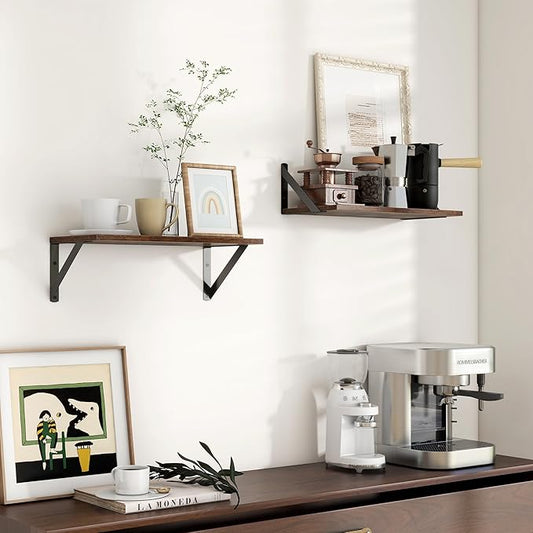 Axeman Floating Shelves for Wall, 8 Inch Deep Brown Wall Shelves Set of 2, 16''W x 8''D Rustic Brown Wood Shelves for Bookshelf Living Room Bedroom Home Office Bathroom