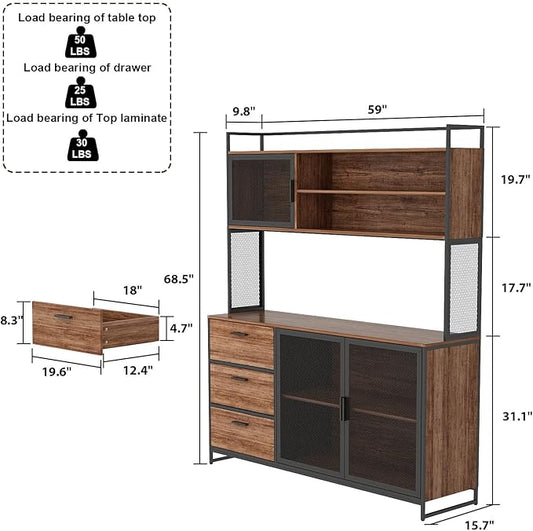 AGOTENI Large Kitchen Hutch Cabinet, Storage Cupboard Pantry with 3 Metal Doors, 3 Drawers & Microwave Shelf, for Kitchen Open Storage, Rustic Brown (59" W x 15.7" D x 68.5" H)