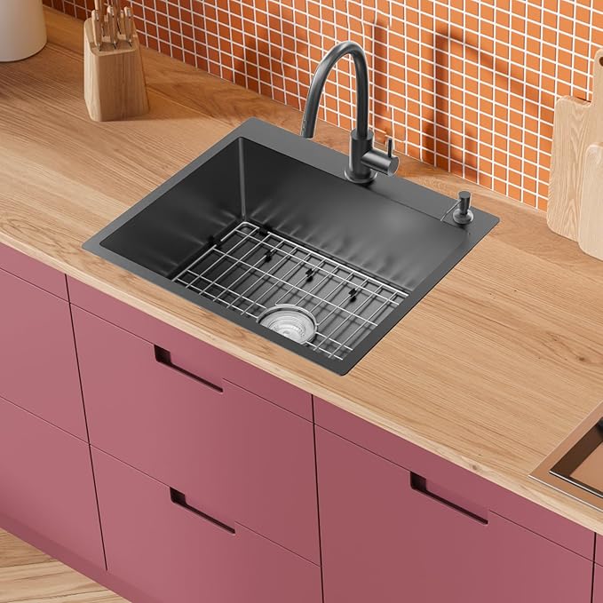 Black Kitchen Sink,25x22 Inch Kitchen Sink Stainless Steel Drop In Kitchen Sink Topmount Stylish and Modern Look Sink With Bottom Grid,Silicon Mat And Drain Assembly Add Elegance & Enhance Usability