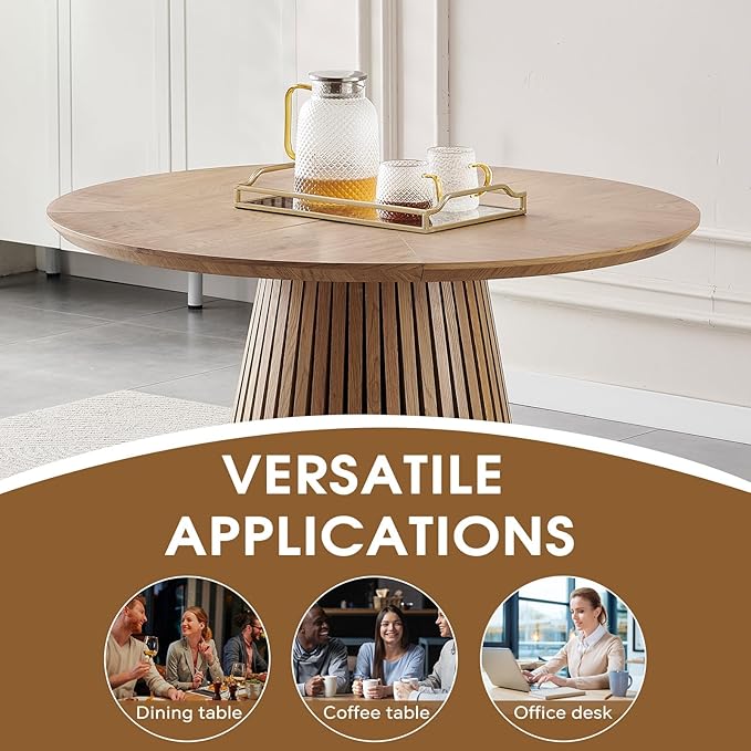 47 inch Round Dining Table for 4-6, Wooden Circle Round Kitchen Table with Wood Strip Pedestal Base, Modern Farmhouse Round Dining Room Table for Family Meals, Gatherings, Dinner Party, Living Room