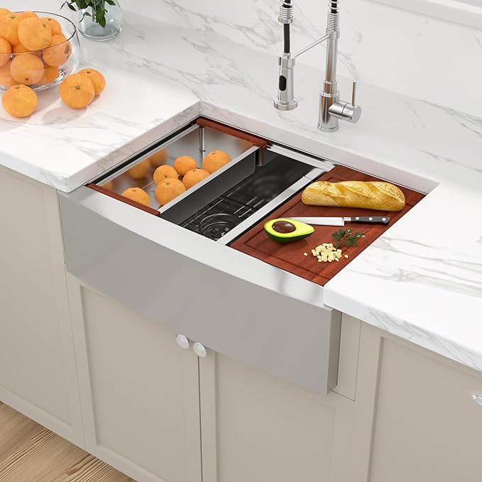Sarlai 33 Farmhouse Sink Double Bowl - 33x22 Inch Farmhouse Kitchen Sink Ledge Workstation Low Divide Double Bowl 60/40 16 Gauge Stainless Steel Farm Sinks Basin