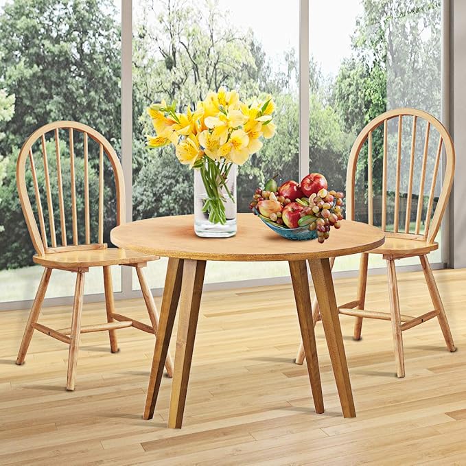 HOMGX Wooden Set, 100% Rubber Timber, Solid Structure Retro Side, Dining, Living Room, etc. Round Legs Vintage Kitchen Chairs (Set of 2), Wood Color