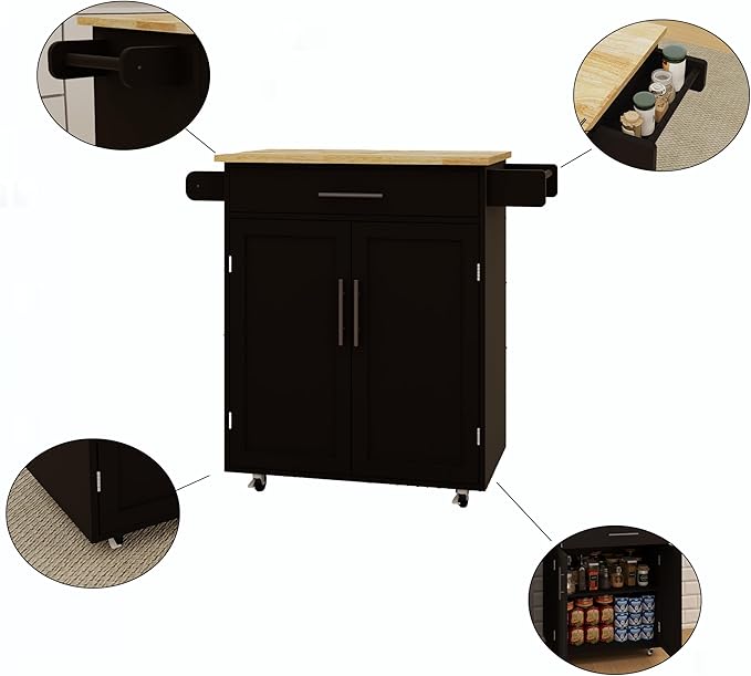 Modern Dining Table Kitchen Island Rolling Trolley Cart with Shelves, Drawer, Doors, Towel Rack & Seasoning Rack - Rubber Wood Table Top for Dining Room,Black-MDF