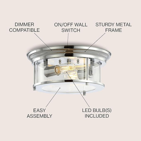 JONATHAN Y 13.25" Chrome 2-Light LED Flush Mount Ceiling Light Fixture, Modern Clear Glass Drum Shade, Industrial Farmhouse Lighting for Kitchen Hallway Bedroom (JYL7446C)