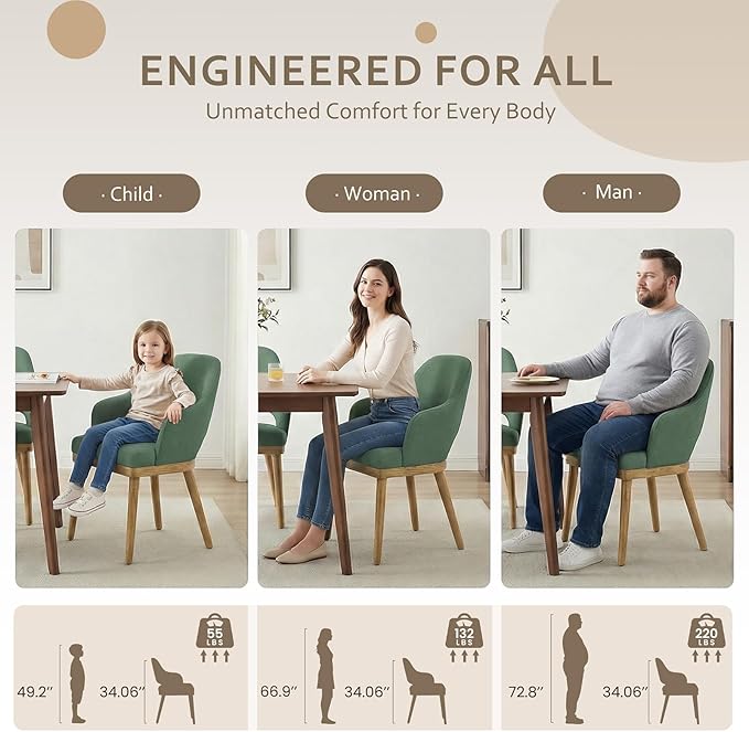 MALOL Wooden Dining Chairs Set of 4, Modern Fabric Upholstered Dining Room Chair, Kitchen Side Chairs, Farmhouse Dinner Chair with Open Back for Kitchen, Green