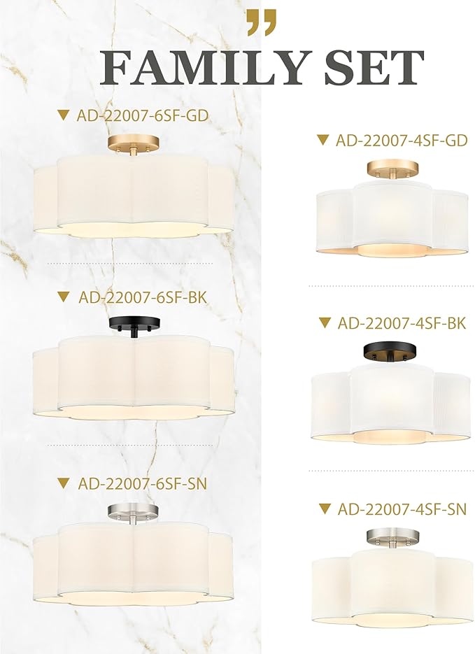 Gold Semi Flush Mount Ceiling Lights, 6-Light 18Inch Ceiling Light Fixtures with Fabric Shade in Flower Shape, Farmhouse Brass Drum Lighting for Nursery Bedroom Kitchen, AD-22007-6SF-GD